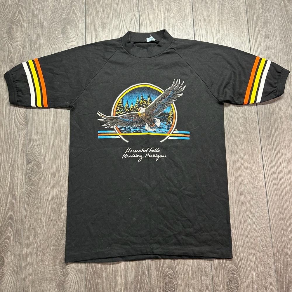 Vintage 80s Eagle Michigan Horseshoe Falls Large Tee Black Eagle Nature
